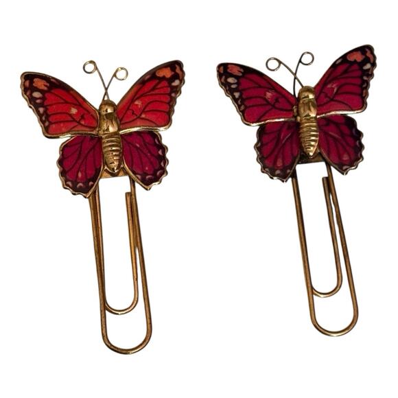Unbranded Other - Vintage Enameled Colorful Butterfly Bookmark Paperclip Set Of 2 Gold Tone